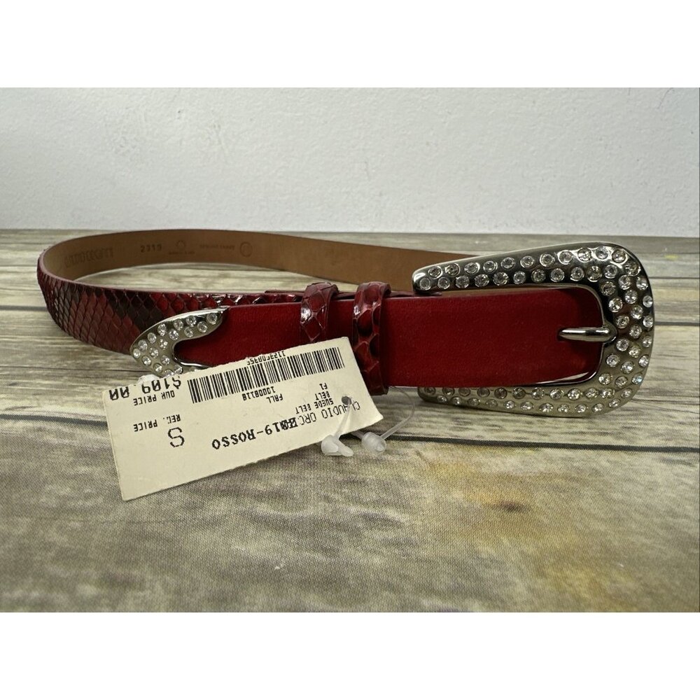 Vintage Claudio Orciani Genuine Snake Suede Belt Size 28 Red Rhinestones NEW